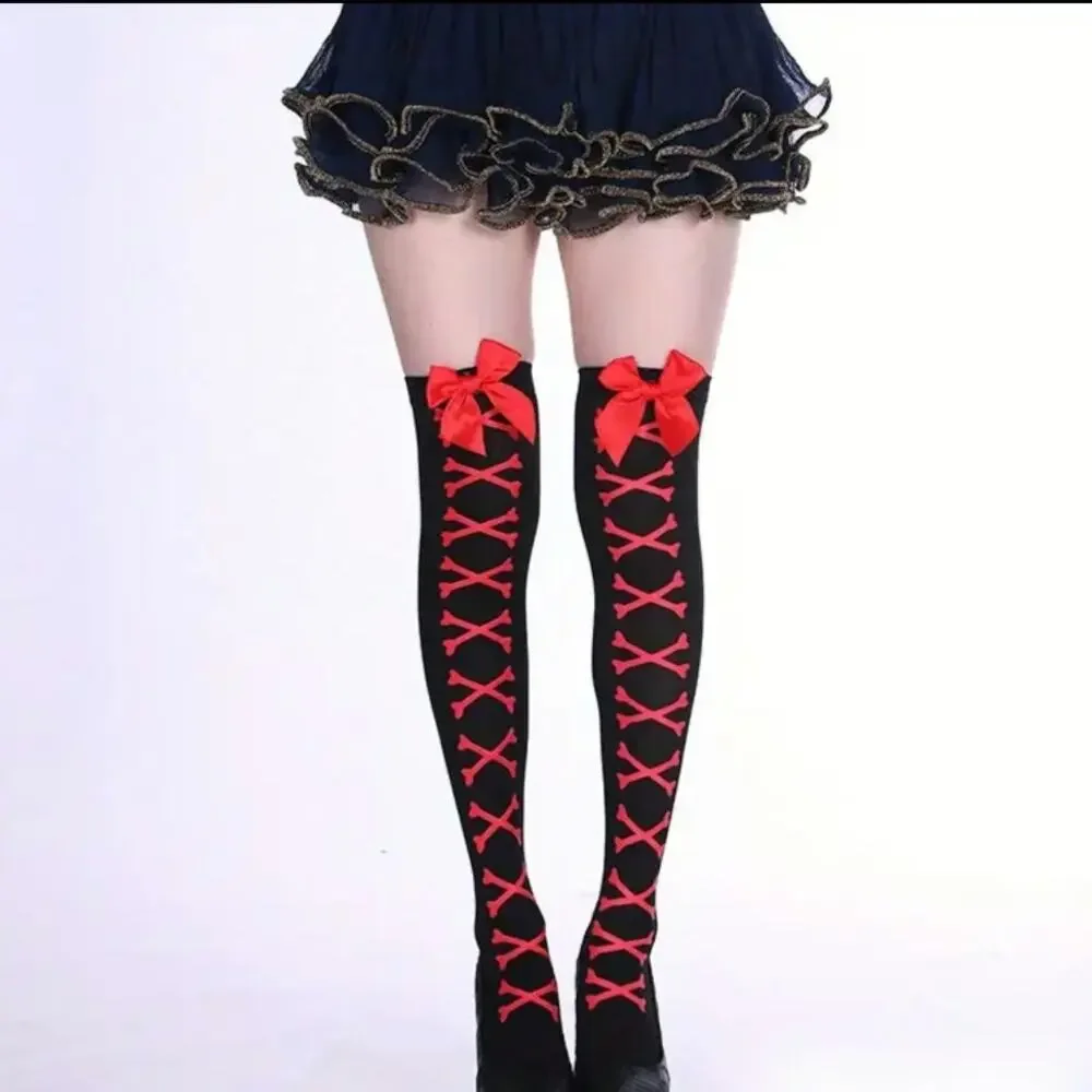 Black Bow Stockings Crossed Bones Choose Red/Pink Coquette Lolita Valentine's